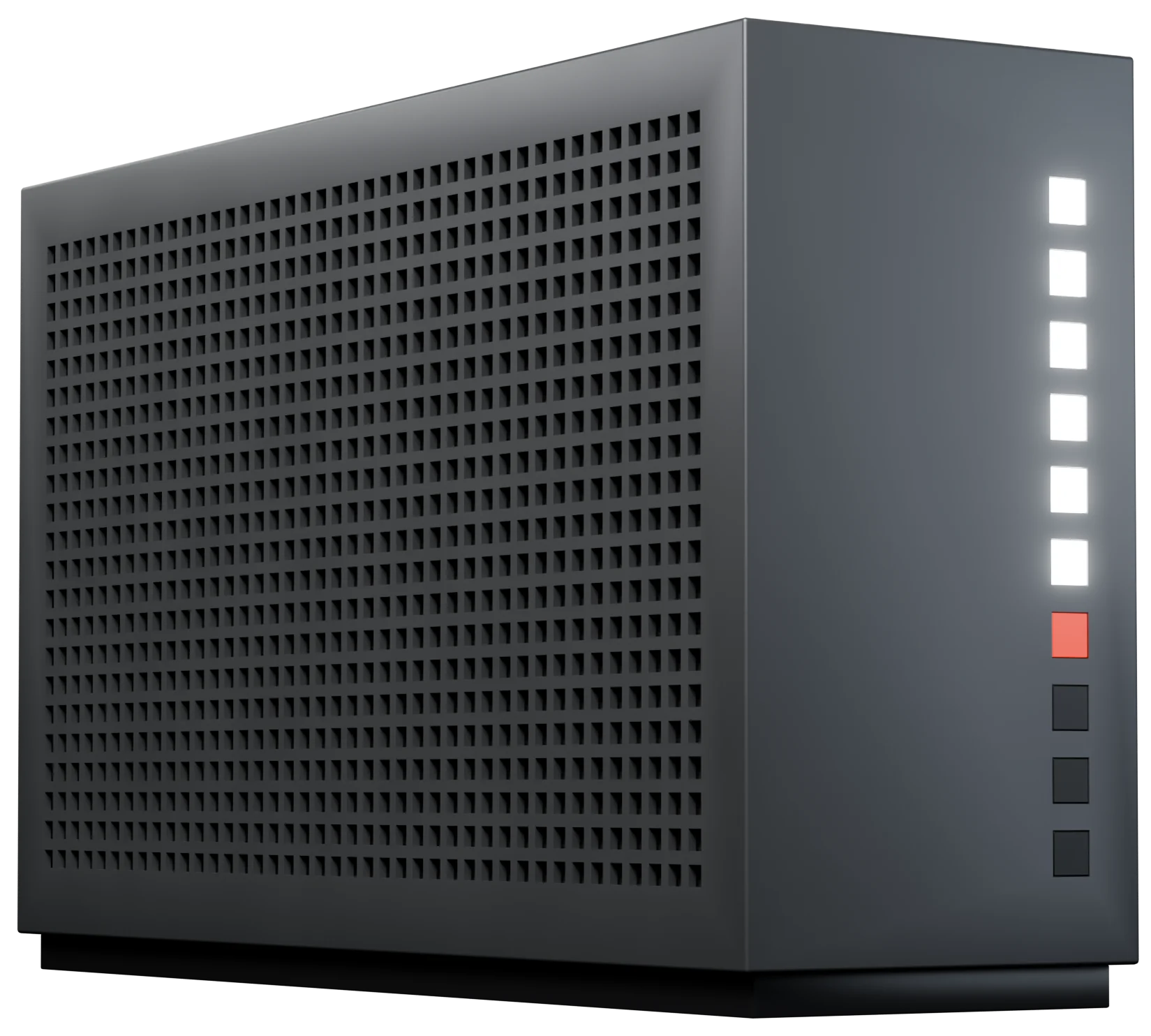 Project AI Box — a graphite tower with a column of white status lights and one red light