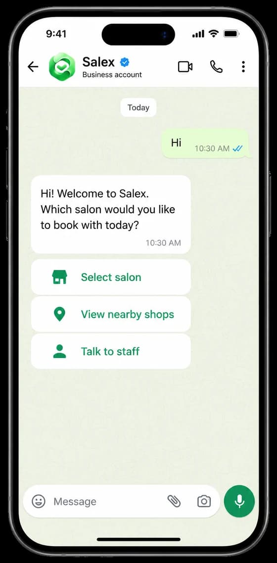 Salex on WhatsApp — choosing a salon
