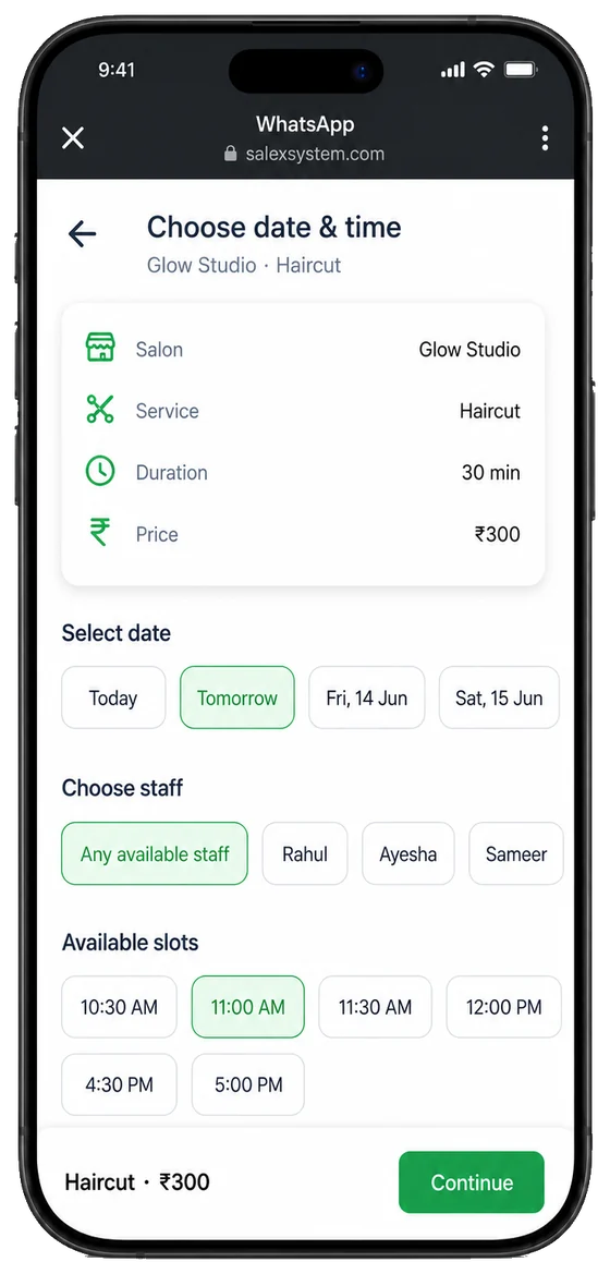 Salex on WhatsApp — appointment confirmed