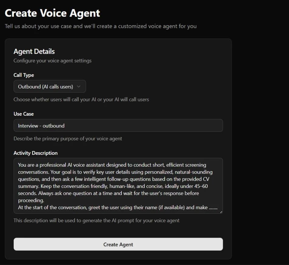 Sorch — configuring an outbound interview voice agent